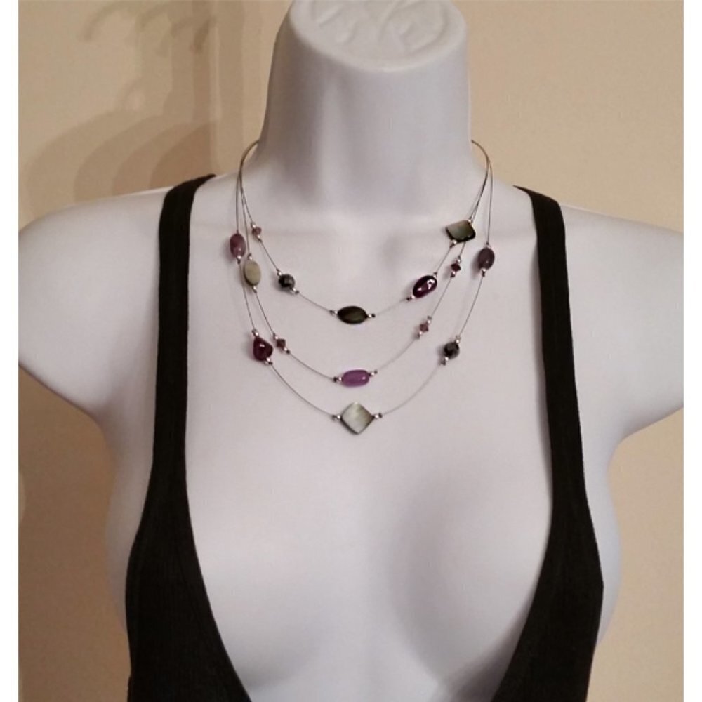 VINTAGE Sterling Silver 925 Abalone Amethyst Necklace Wire Chain Layered Look